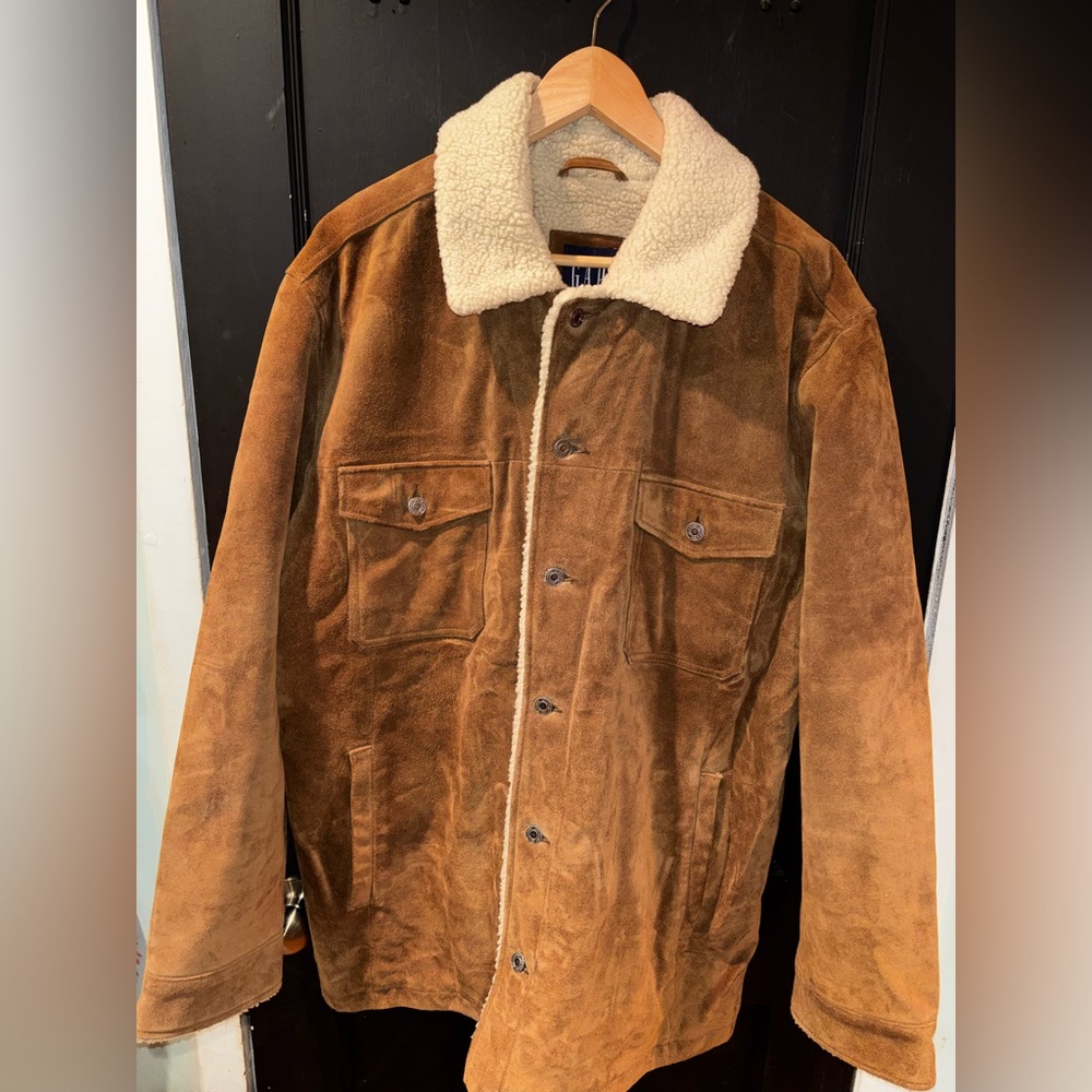 Vintage Y2K Gap Genuine Leather Suede Trucker Jacket Size XL Brown, Sherpa Lined
